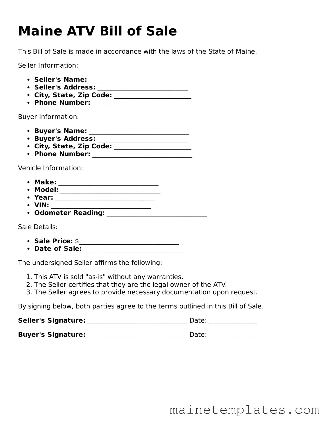 Legal ATV Bill of Sale Form for the State of Maine