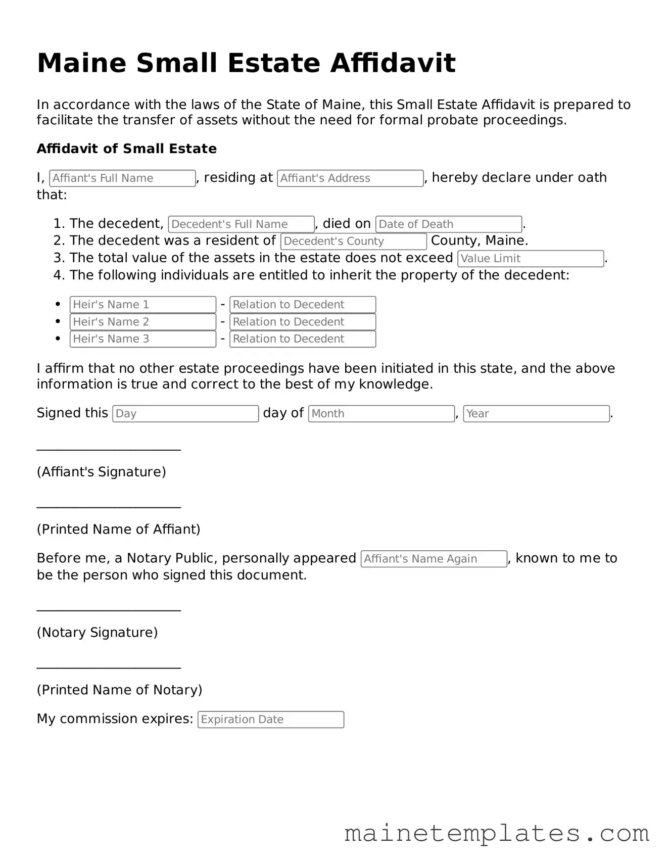 Legal Small Estate Affidavit Form for the State of Maine