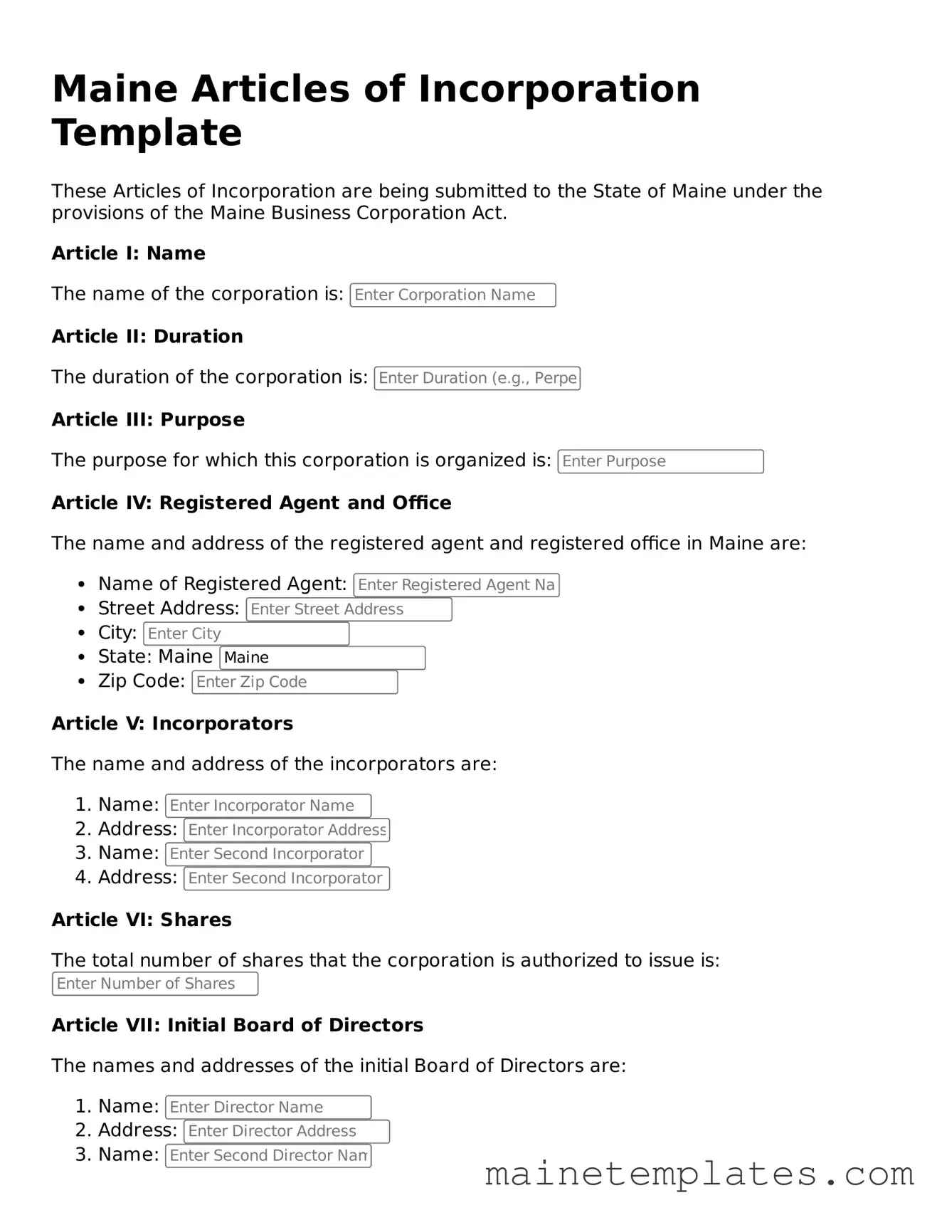 Legal Articles of Incorporation Form for the State of Maine
