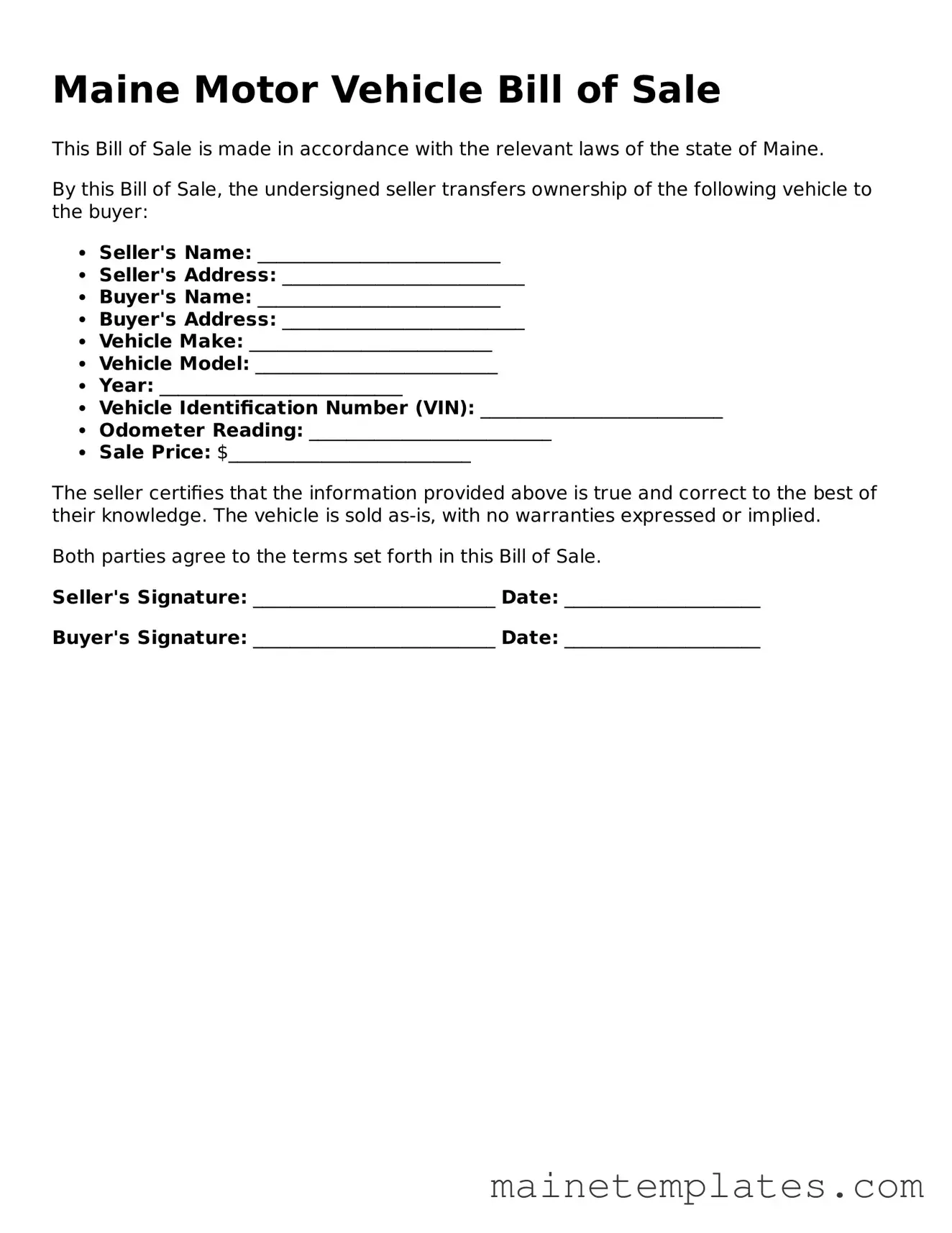 Legal Motor Vehicle Bill of Sale Form for the State of Maine