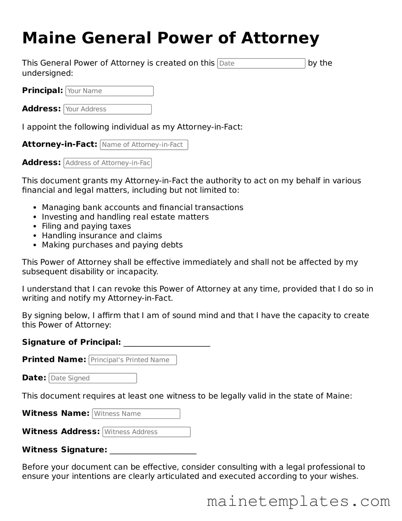 Legal General Power of Attorney Form for the State of Maine