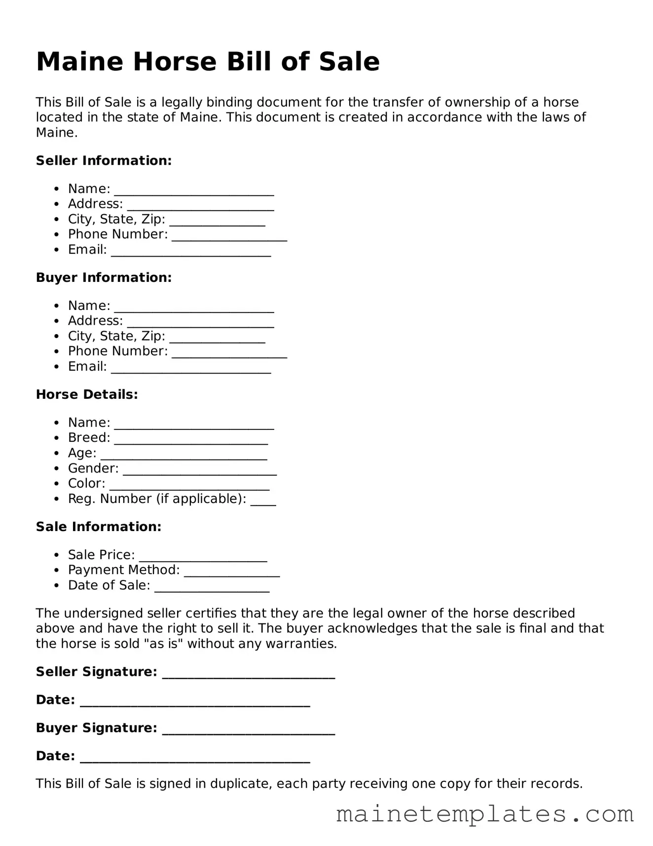 Legal Horse Bill of Sale Form for the State of Maine