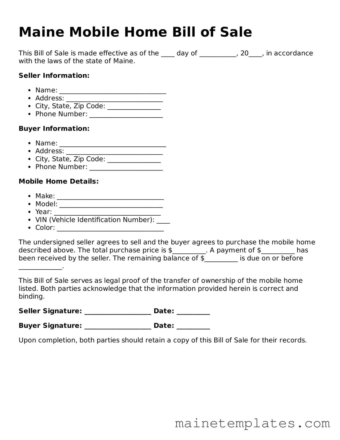 Legal Mobile Home Bill of Sale Form for the State of Maine