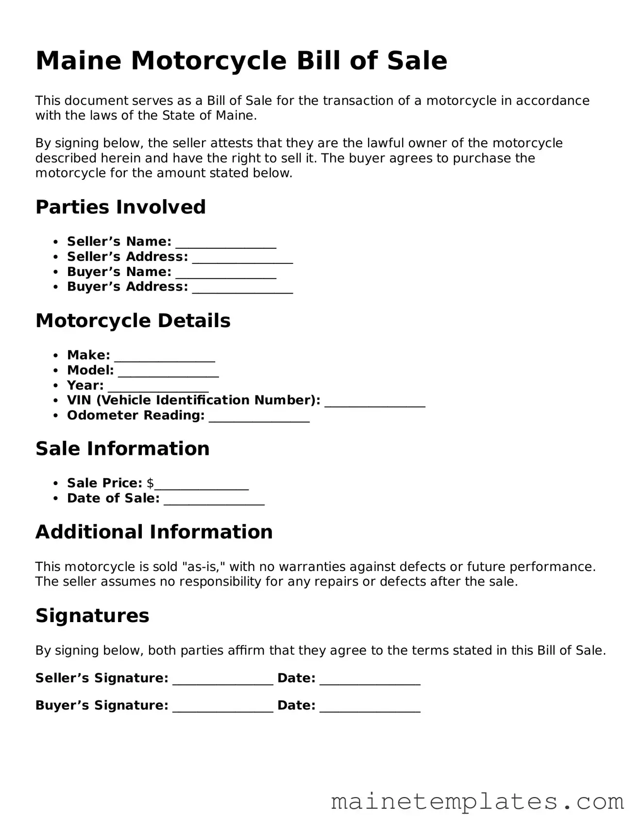 Legal Motorcycle Bill of Sale Form for the State of Maine