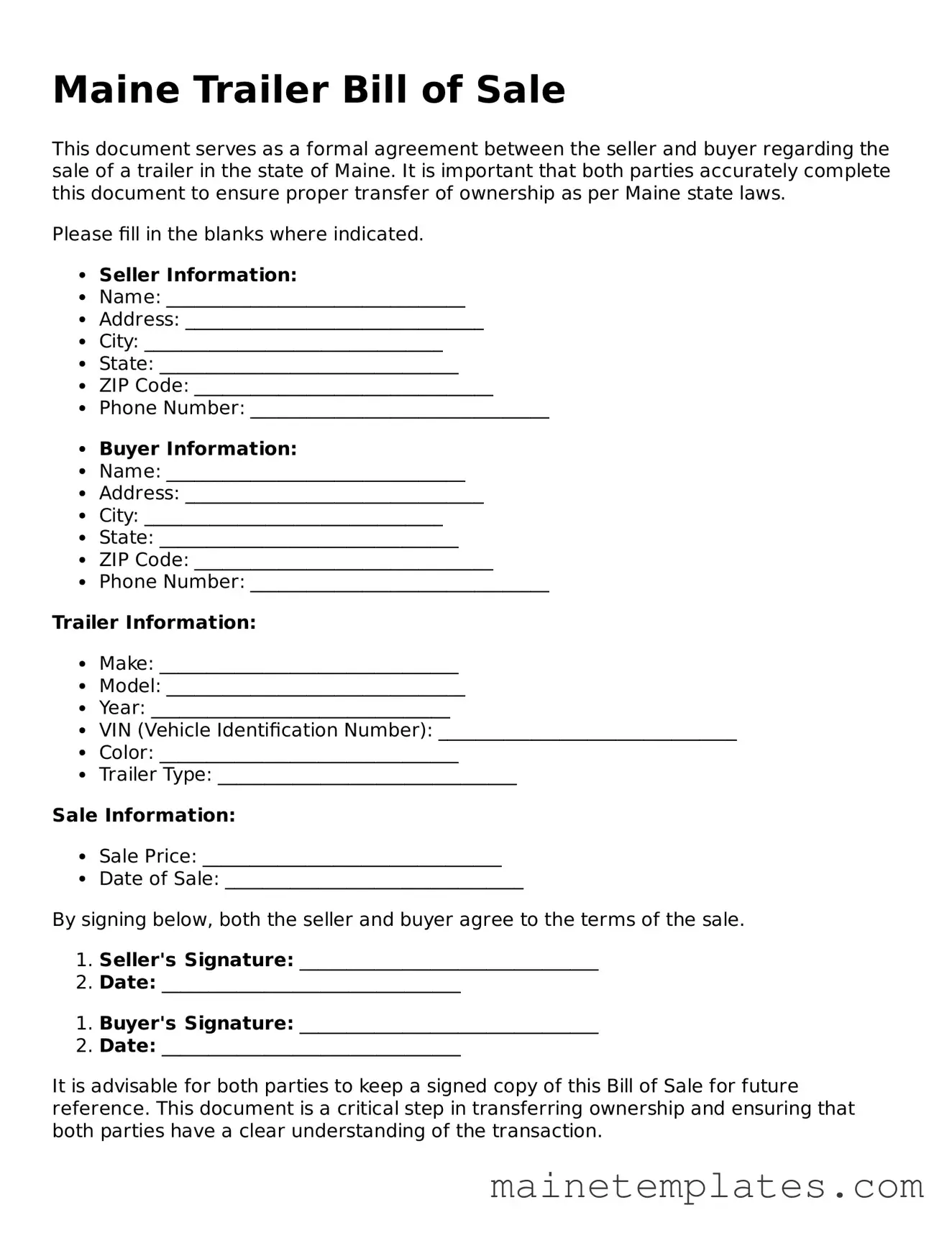 Legal Trailer Bill of Sale Form for the State of Maine