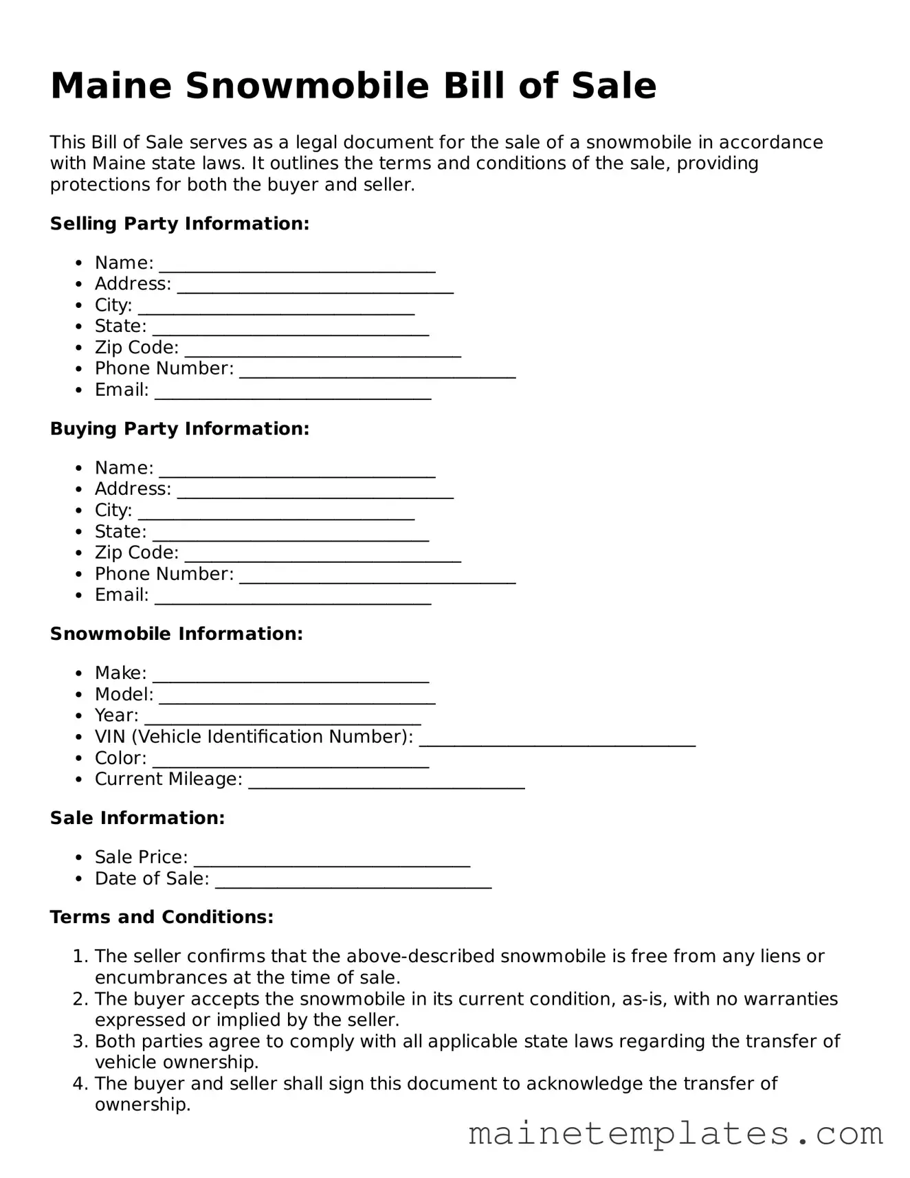 Legal Snowmobile Bill of Sale Form for the State of Maine