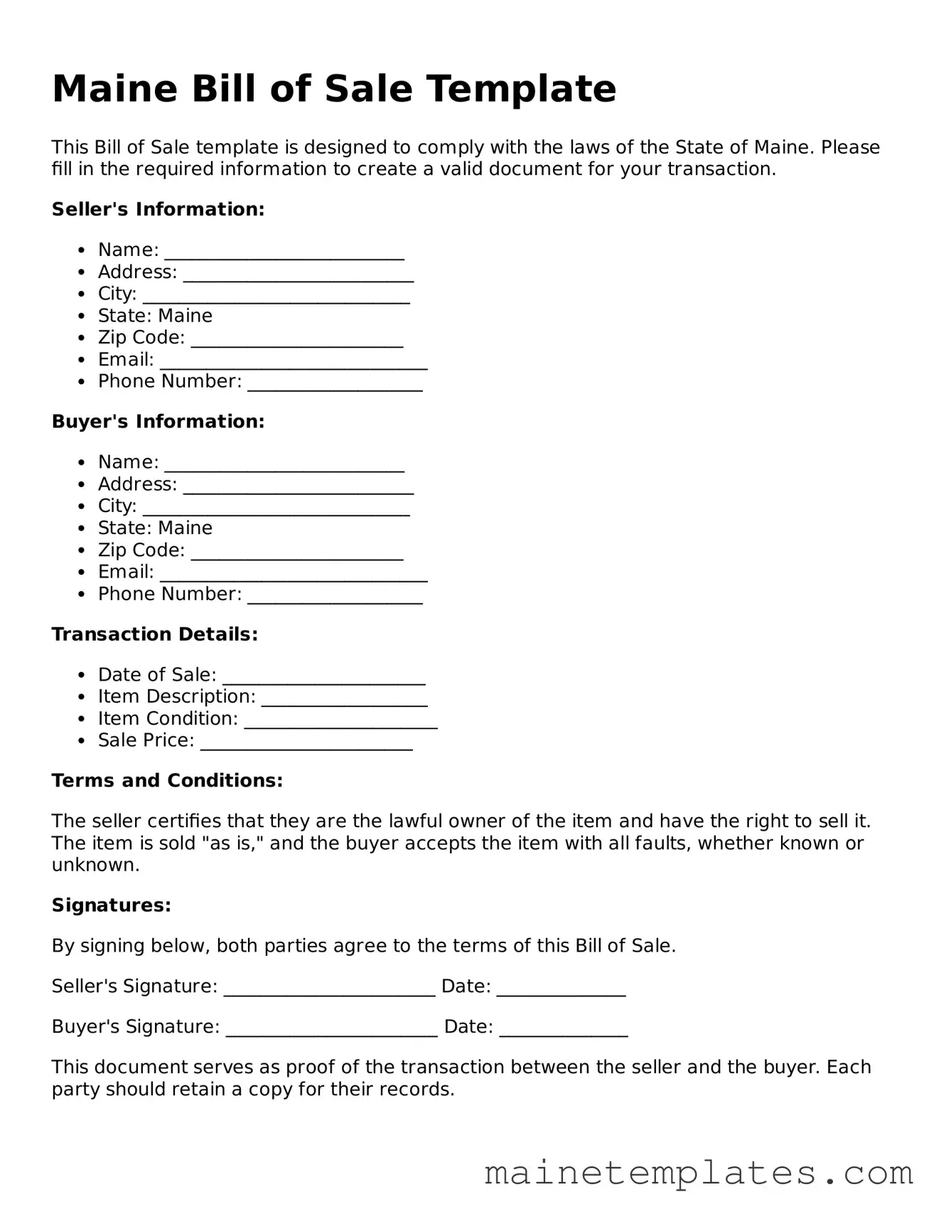 Legal Bill of Sale Form for the State of Maine