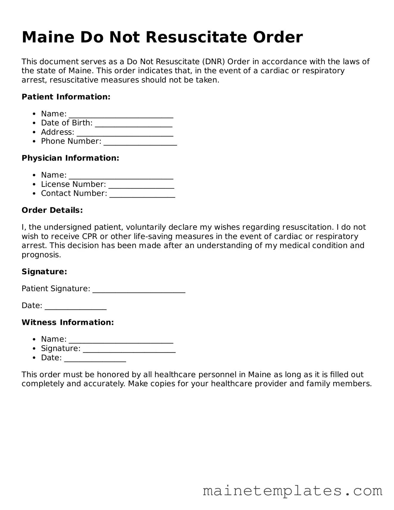 Legal Do Not Resuscitate Order Form for the State of Maine