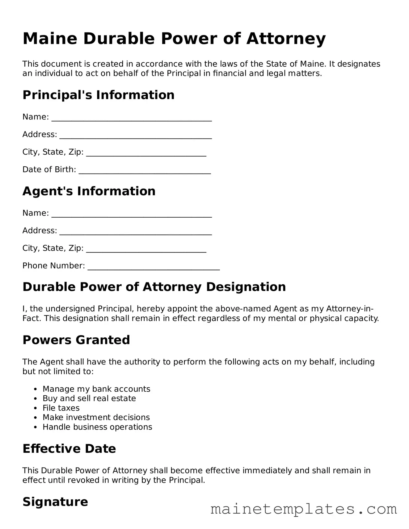 Legal Durable Power of Attorney Form for the State of Maine