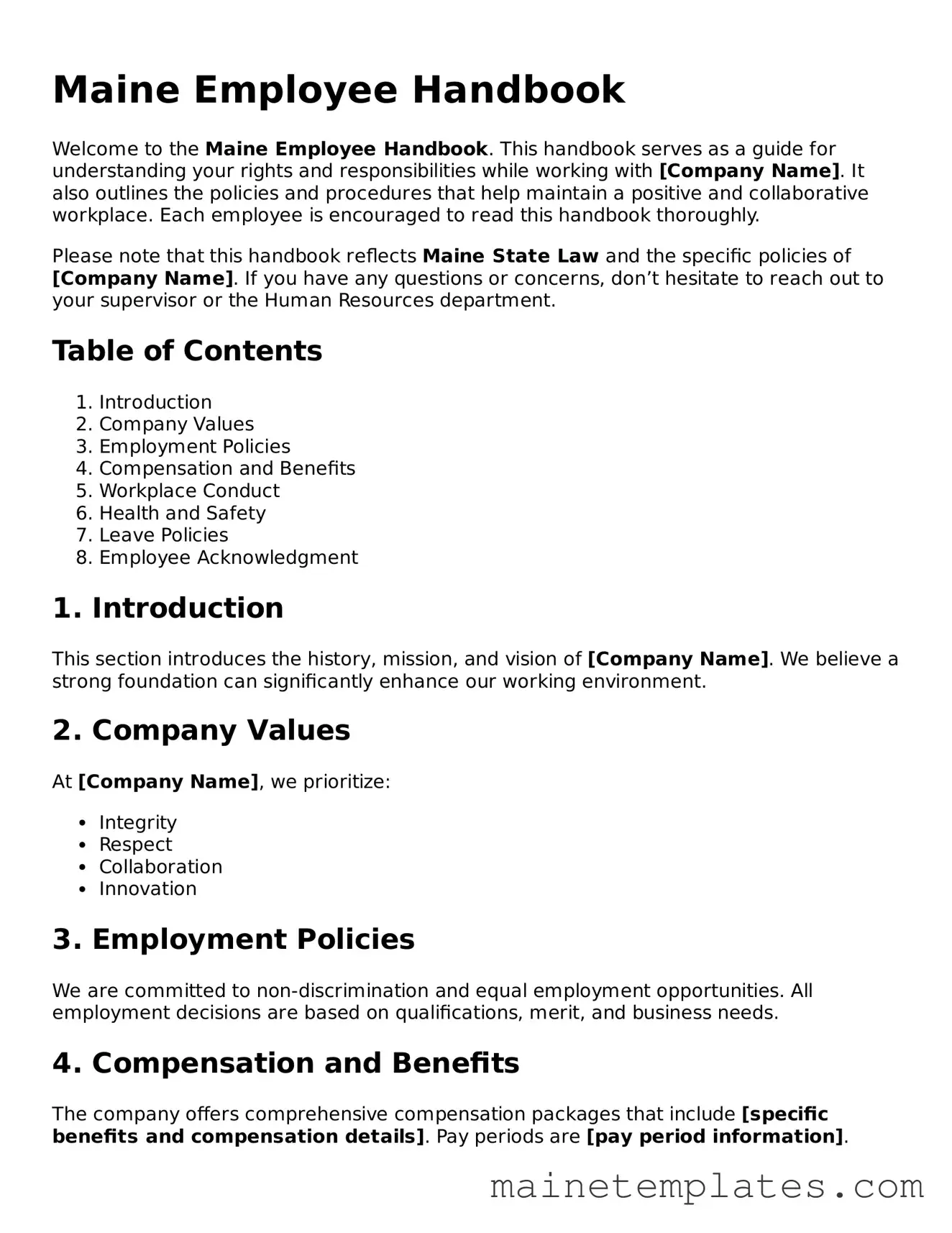 Legal Employee Handbook Form for the State of Maine
