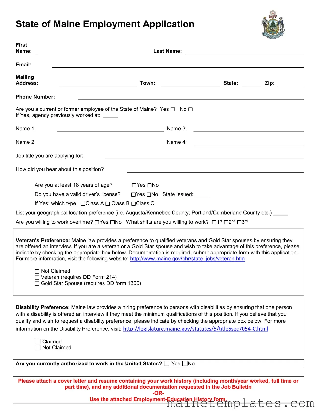 Get Maine Employment Application Template in PDF