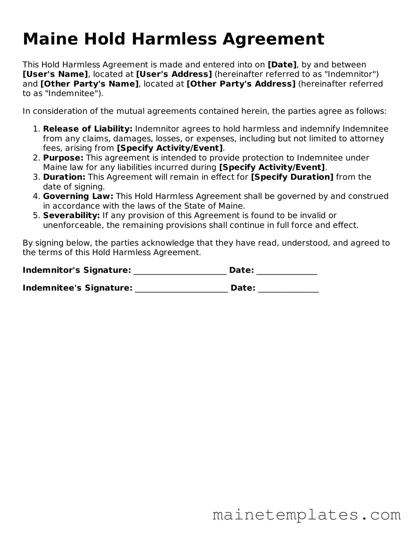 Legal Hold Harmless Agreement Form for the State of Maine