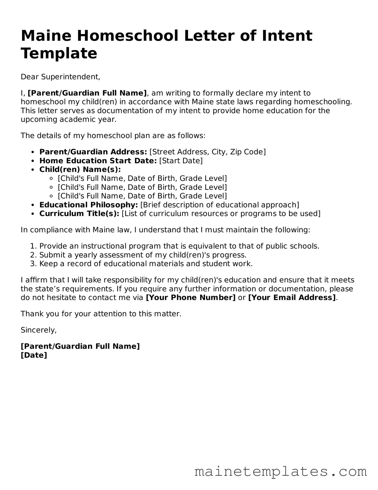 Legal Homeschool Letter of Intent Form for the State of Maine