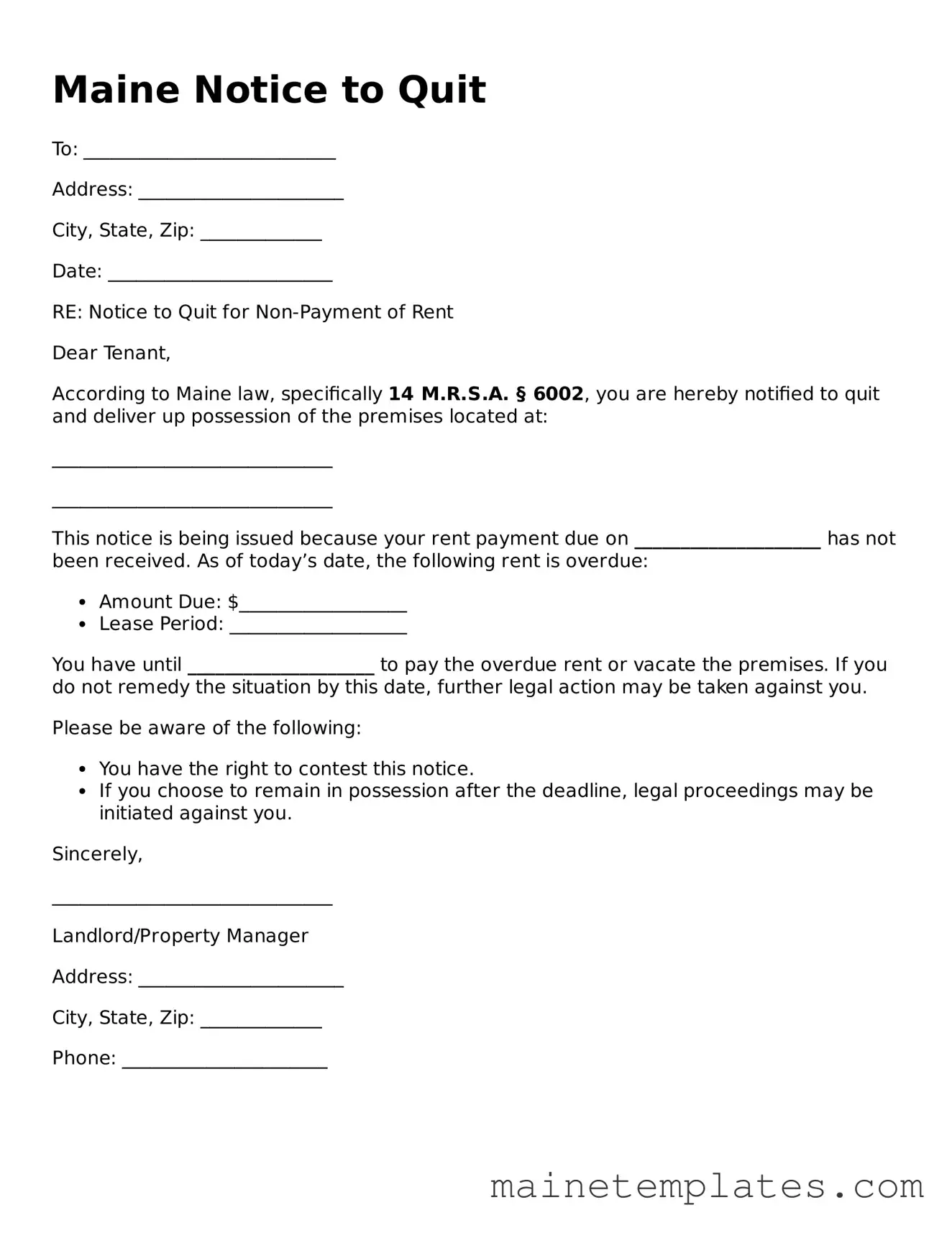 Legal Notice to Quit Form for the State of Maine