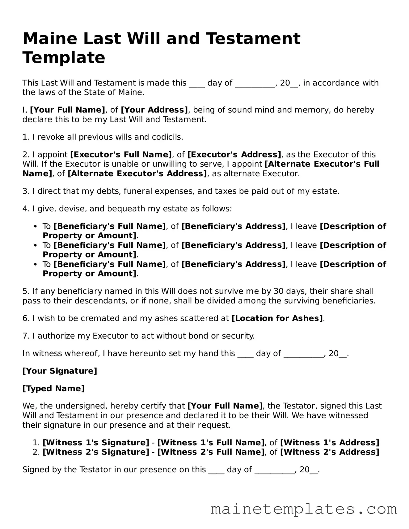 Legal Last Will and Testament Form for the State of Maine