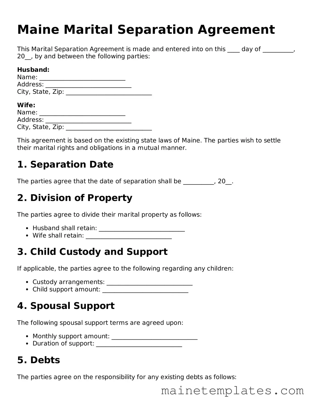 Legal Marital Separation Agreement Form for the State of Maine