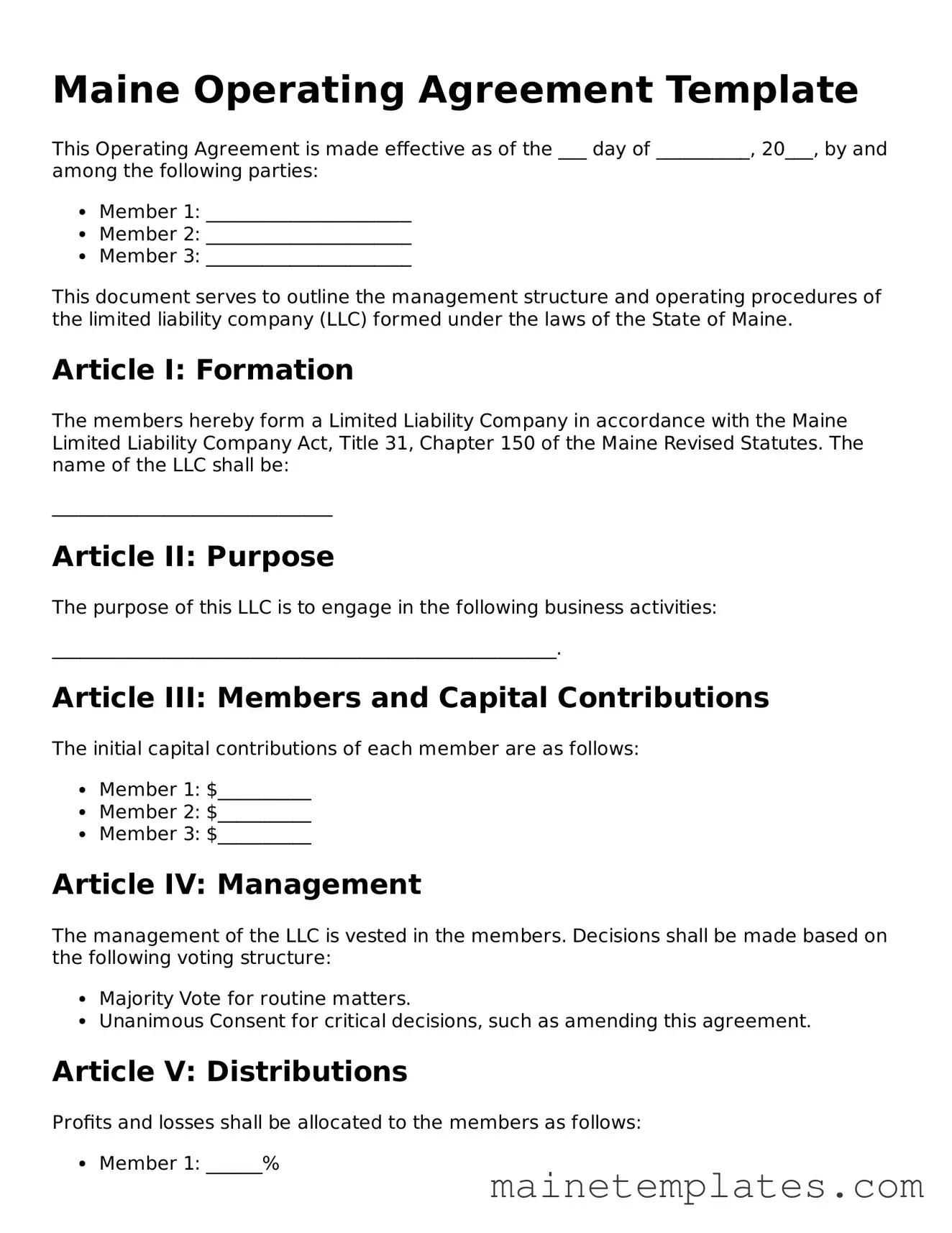 Legal Operating Agreement Form for the State of Maine