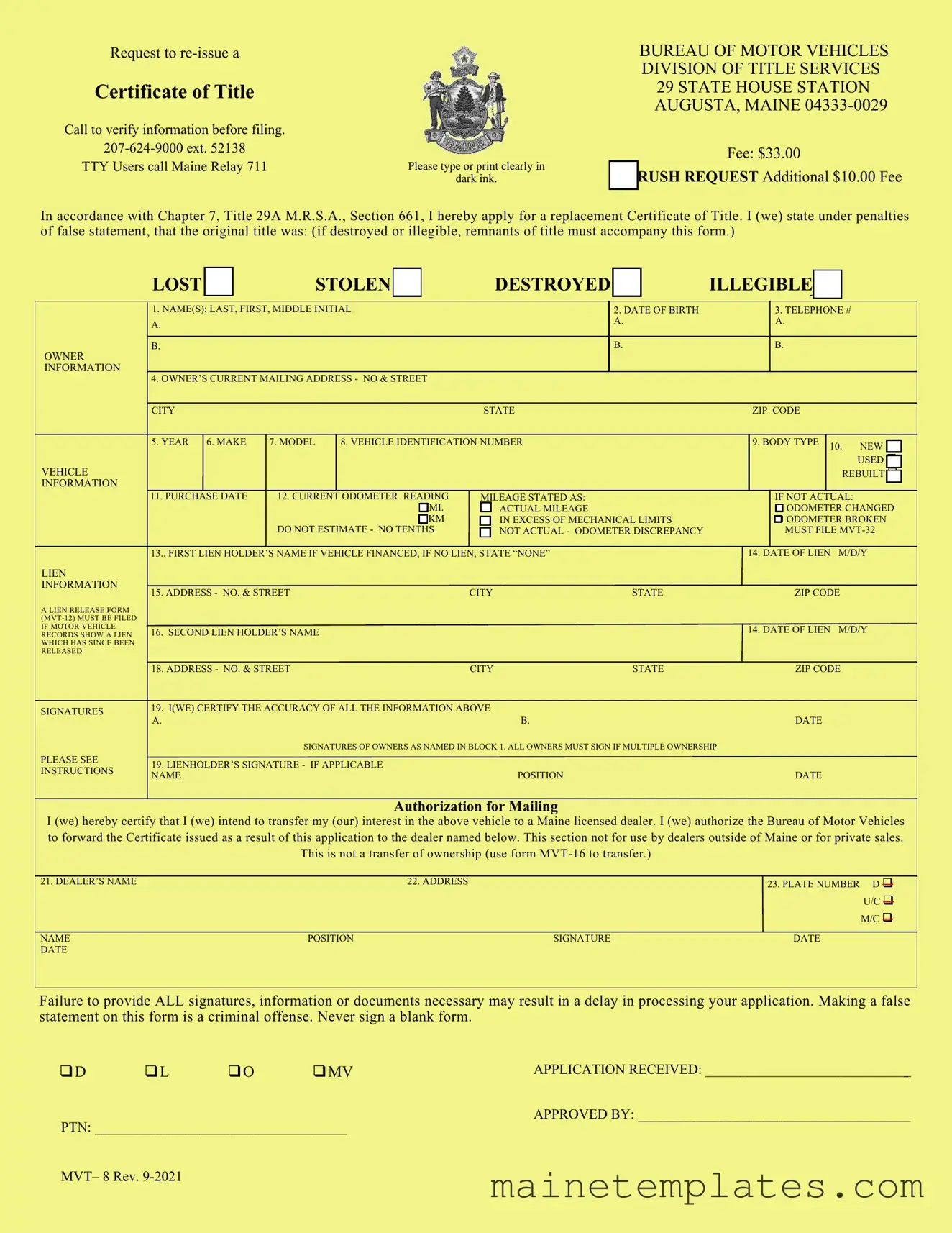 Get Maine Mvt 8 Template in PDF