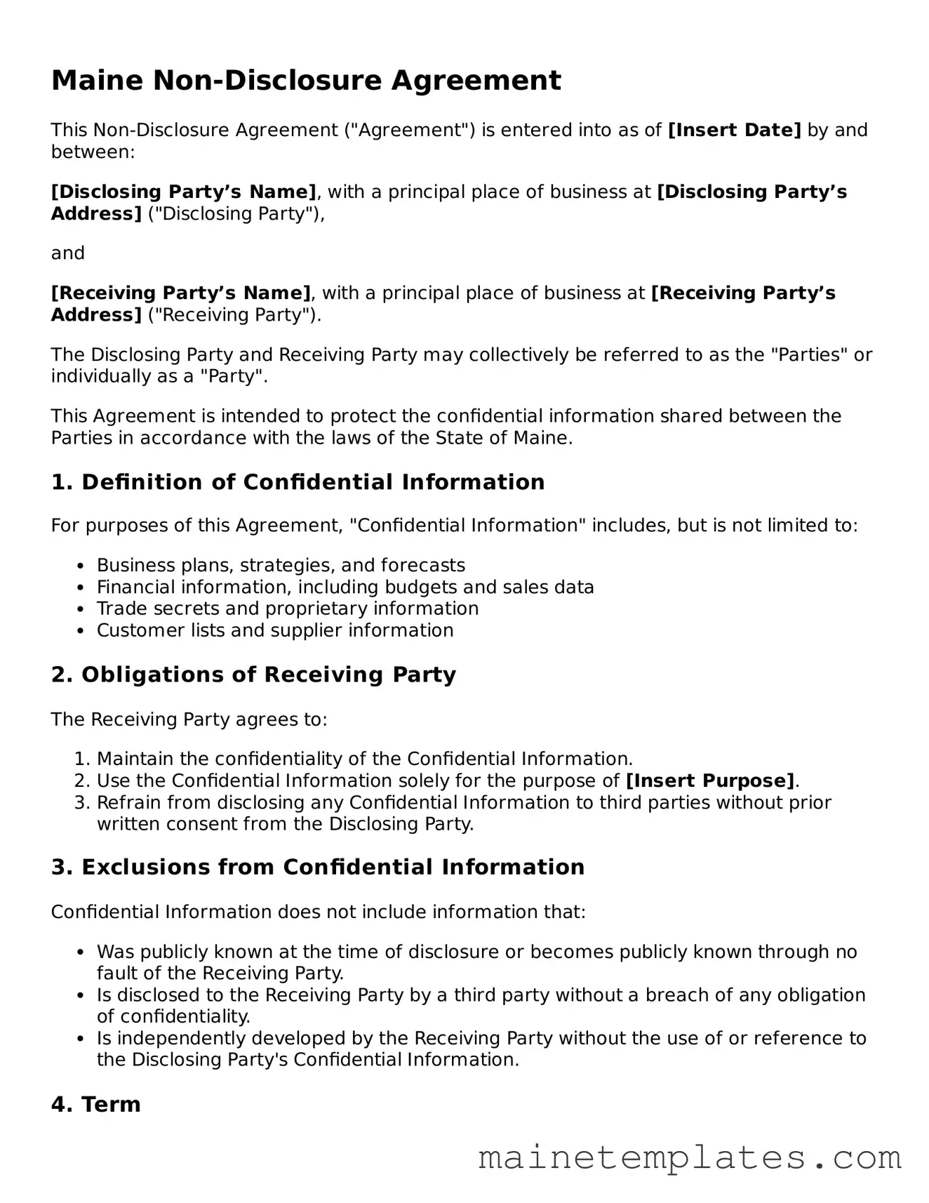 Legal Non-disclosure Agreement Form for the State of Maine