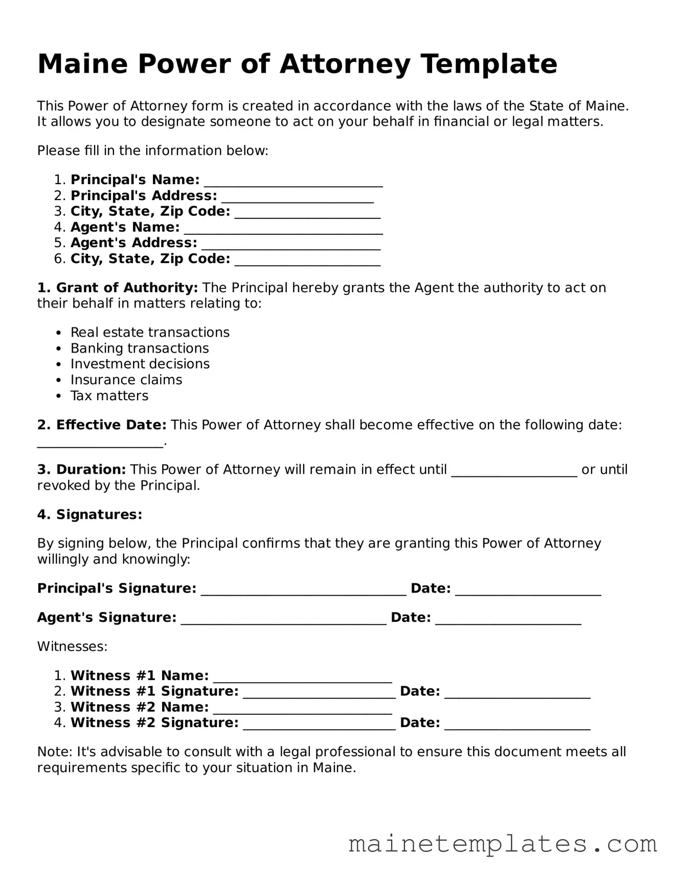 Legal Power of Attorney Form for the State of Maine