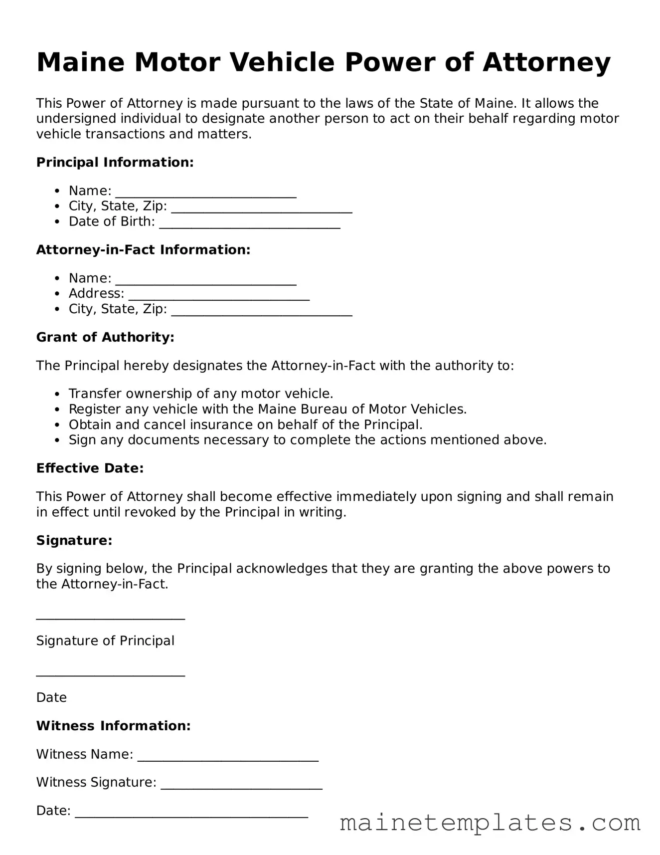 Legal Motor Vehicle Power of Attorney Form for the State of Maine