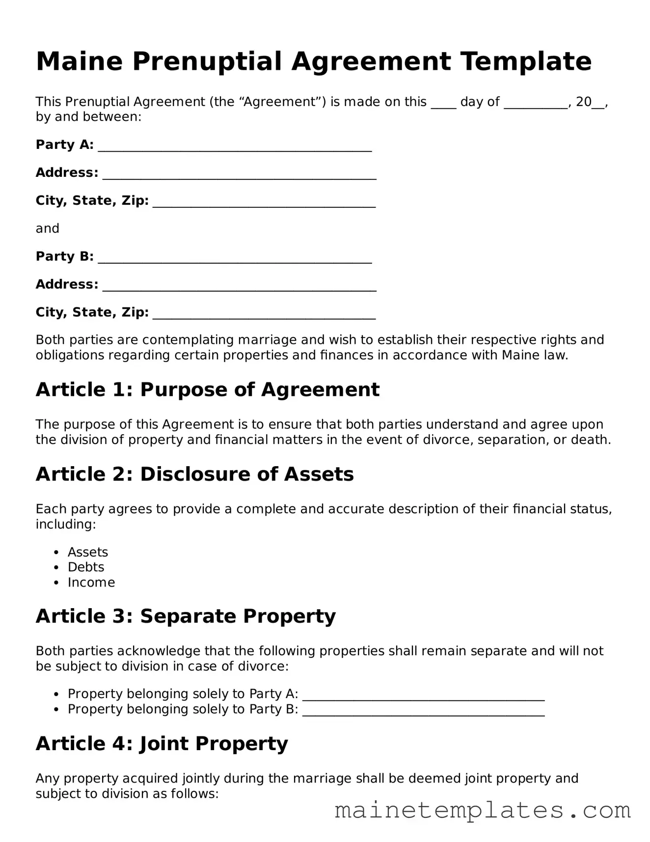 Legal Prenuptial Agreement Form for the State of Maine
