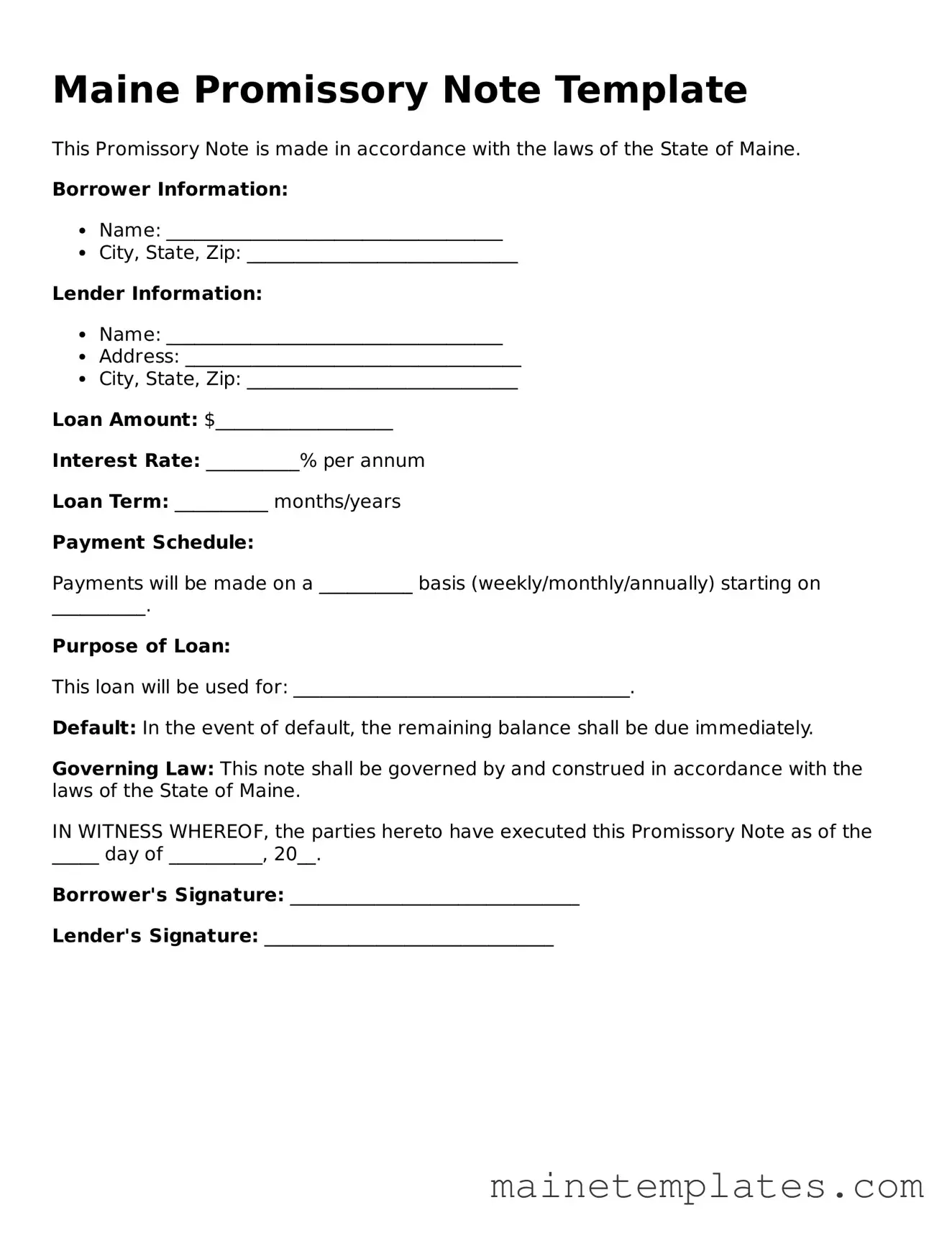 Legal Promissory Note Form for the State of Maine