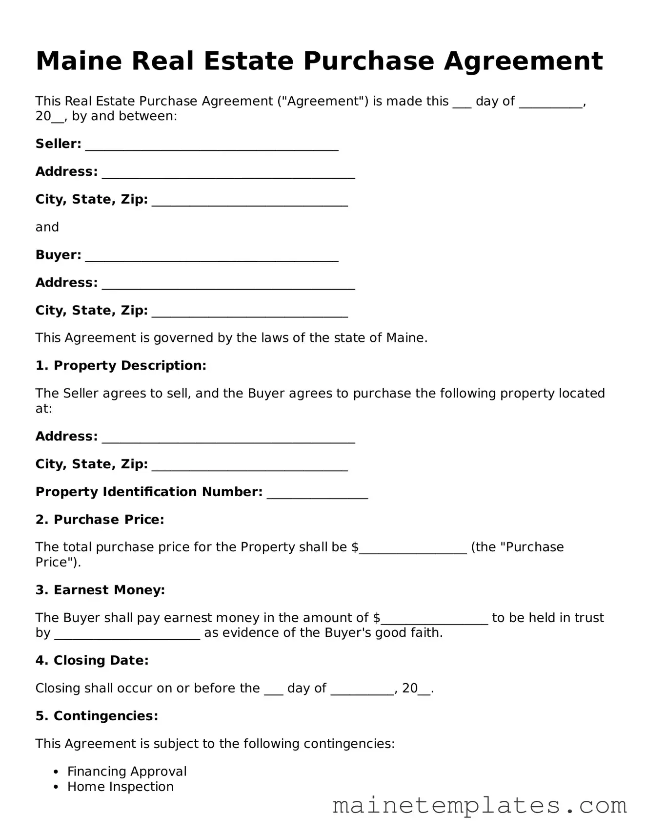 Legal Real Estate Purchase Agreement Form for the State of Maine