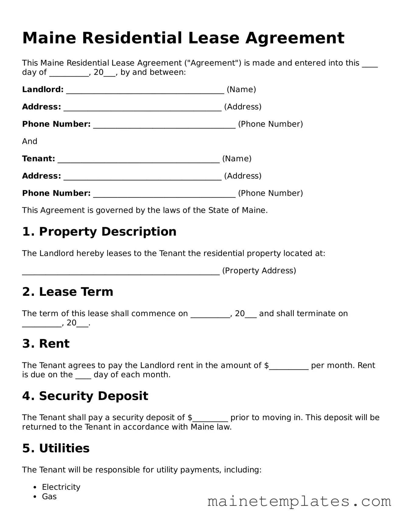 Legal Residential Lease Agreement Form for the State of Maine