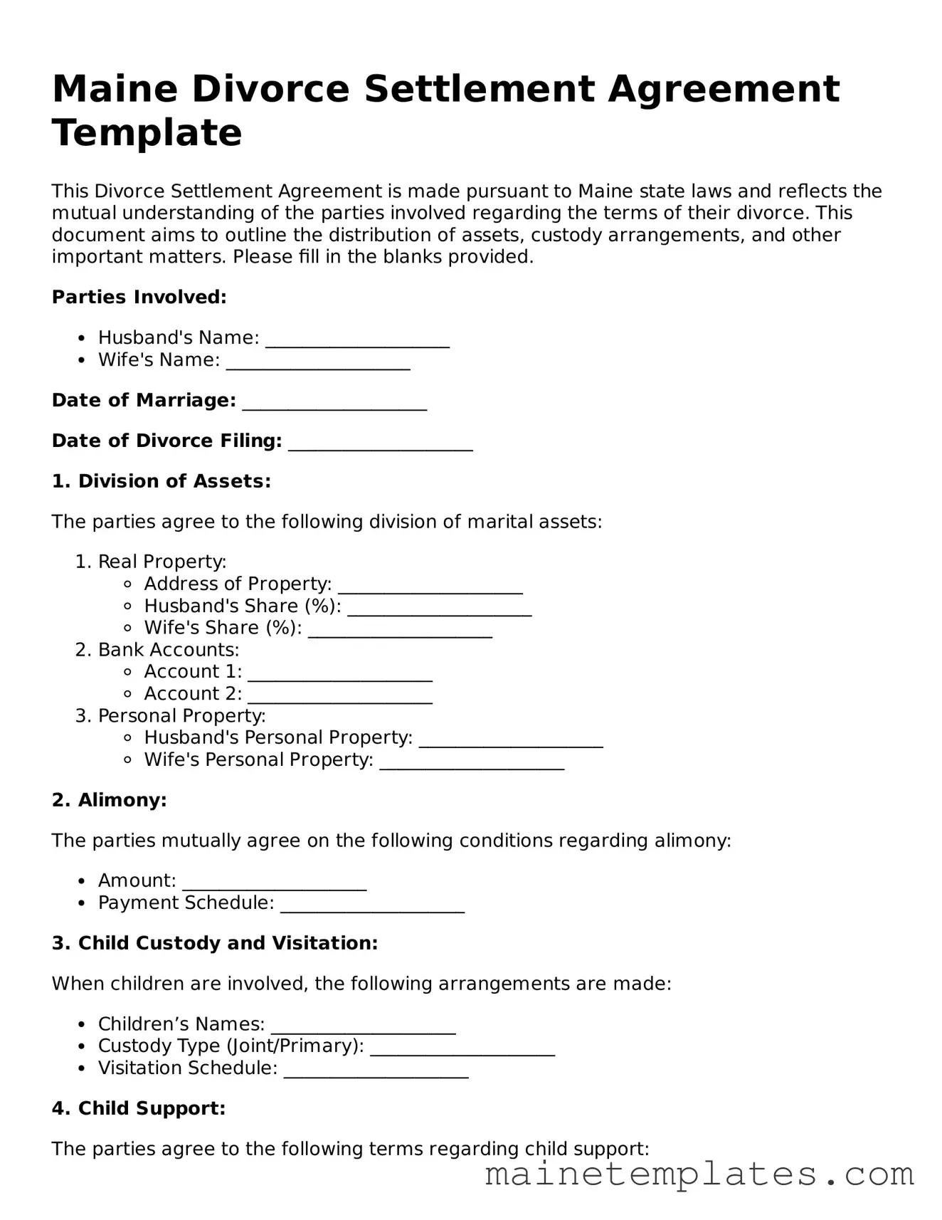 Legal Divorce Settlement Agreement Form for the State of Maine