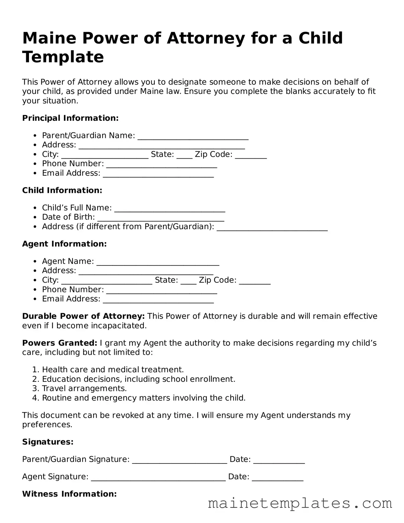 Legal Power of Attorney for a Child Form for the State of Maine