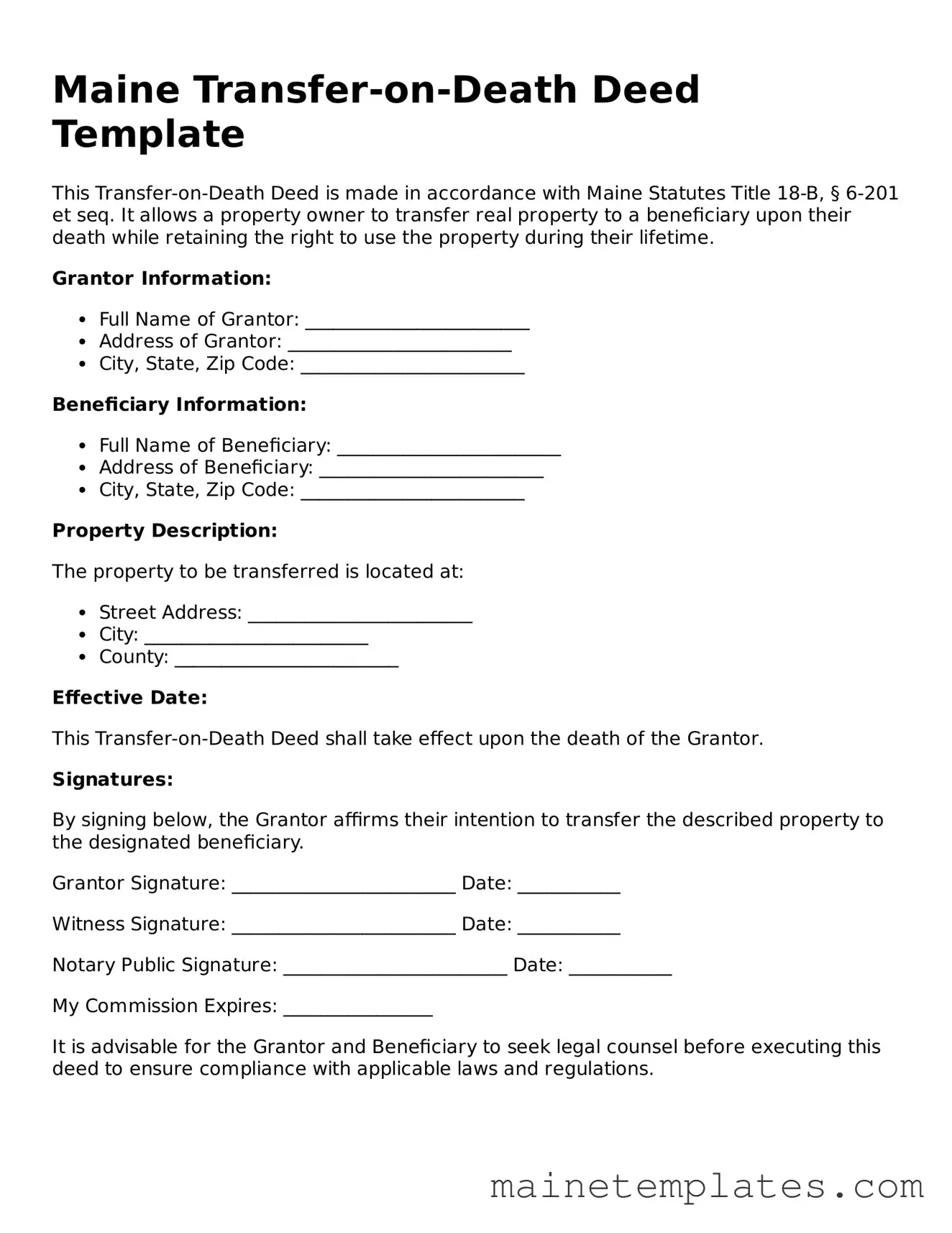 Legal Transfer-on-Death Deed Form for the State of Maine