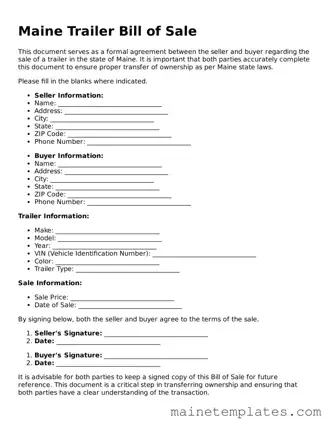 Legal Trailer Bill of Sale Form for the State of Maine