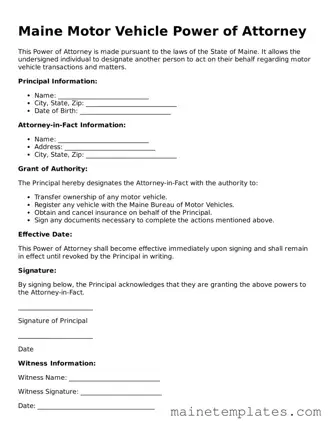 Legal Motor Vehicle Power of Attorney Form for the State of Maine